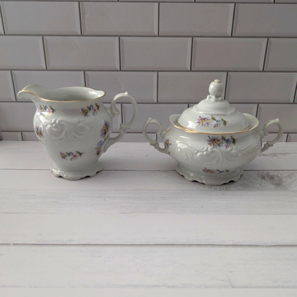 Vintage Walbrzych Rosebud Crest Bone China Sugar Bowl and Creamer Set